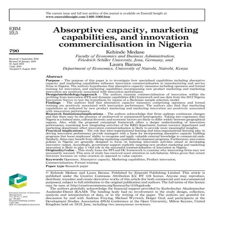 Absorptive capacity marketing capabilities and innovation commercialisation i...