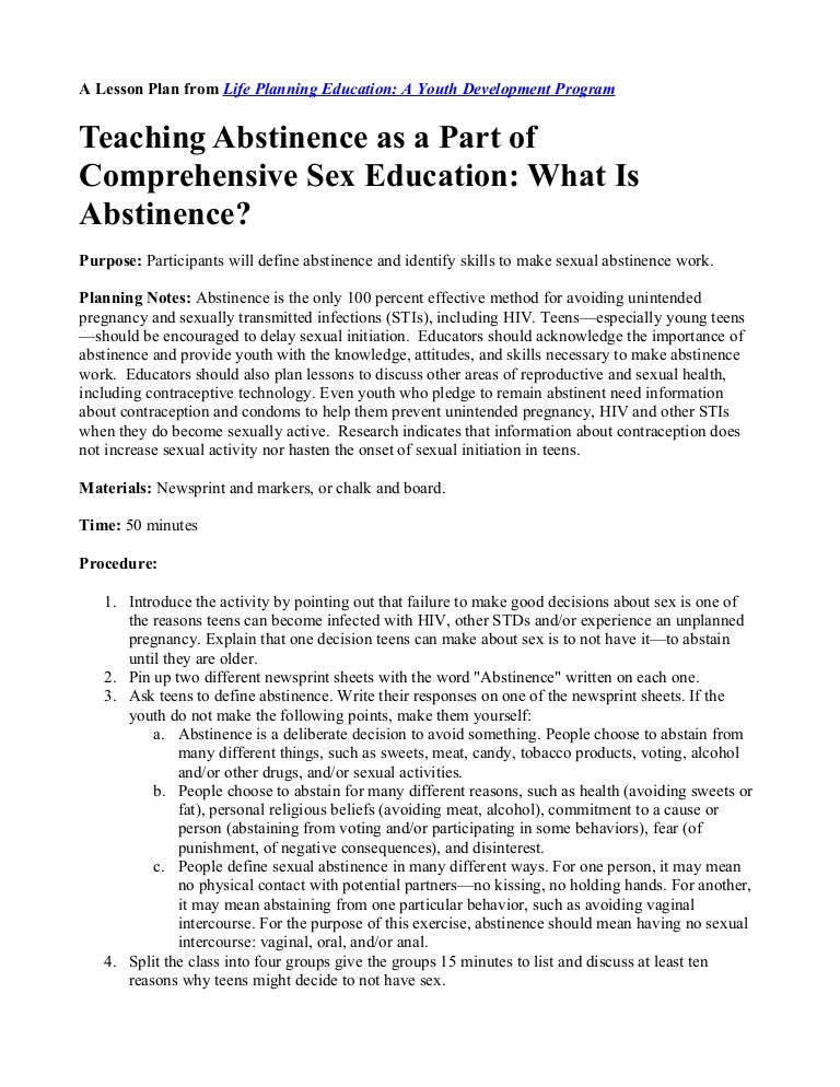 Abstinence Lesson Plan From Life Planning Education