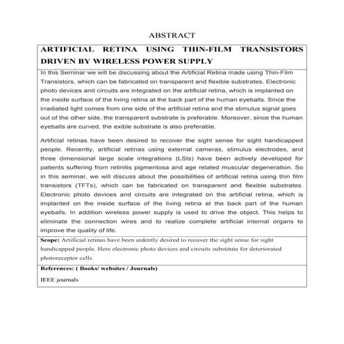 Abstract for artificial retina using tft's