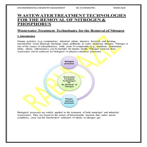 WASTEWATER TREATMENT TECHNOLOGIES FOR THE REMOVAL OF NITROGEN & PHOSPHORUS 