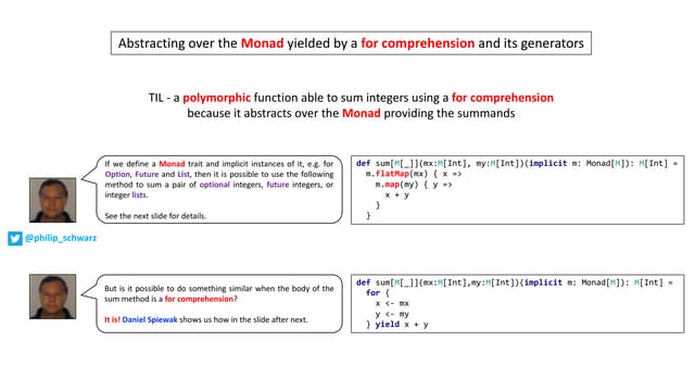 Abstracting over the Monad yielded by a for comprehension and its generators