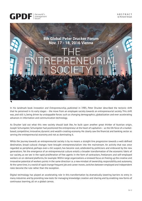 Abstract the Peter Drucker Forum 2016 - The Entrepreneurial Society