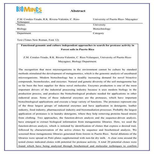 Functional genomic and culture independent approaches to search for protease activity in Forest soils in Puerto Rico