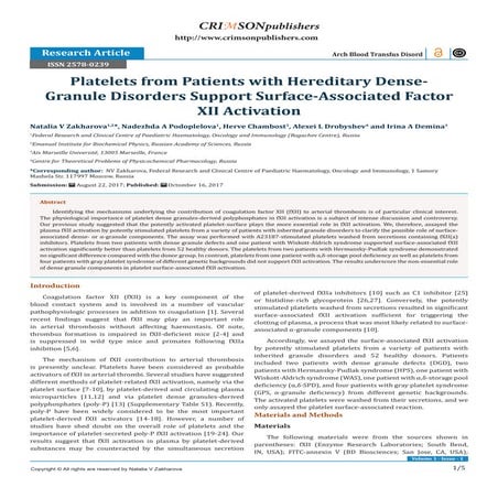 Platelets from Patients with Hereditary Dense-Granule Disorders Support Surfa...