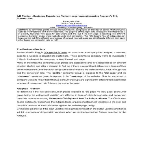 A/B Testing - Customer Experience Platform experimentation using Pearson’s Ch...