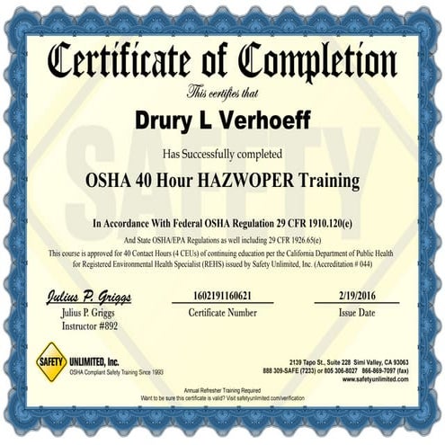 40 Hour HAZWOPER Certificate
