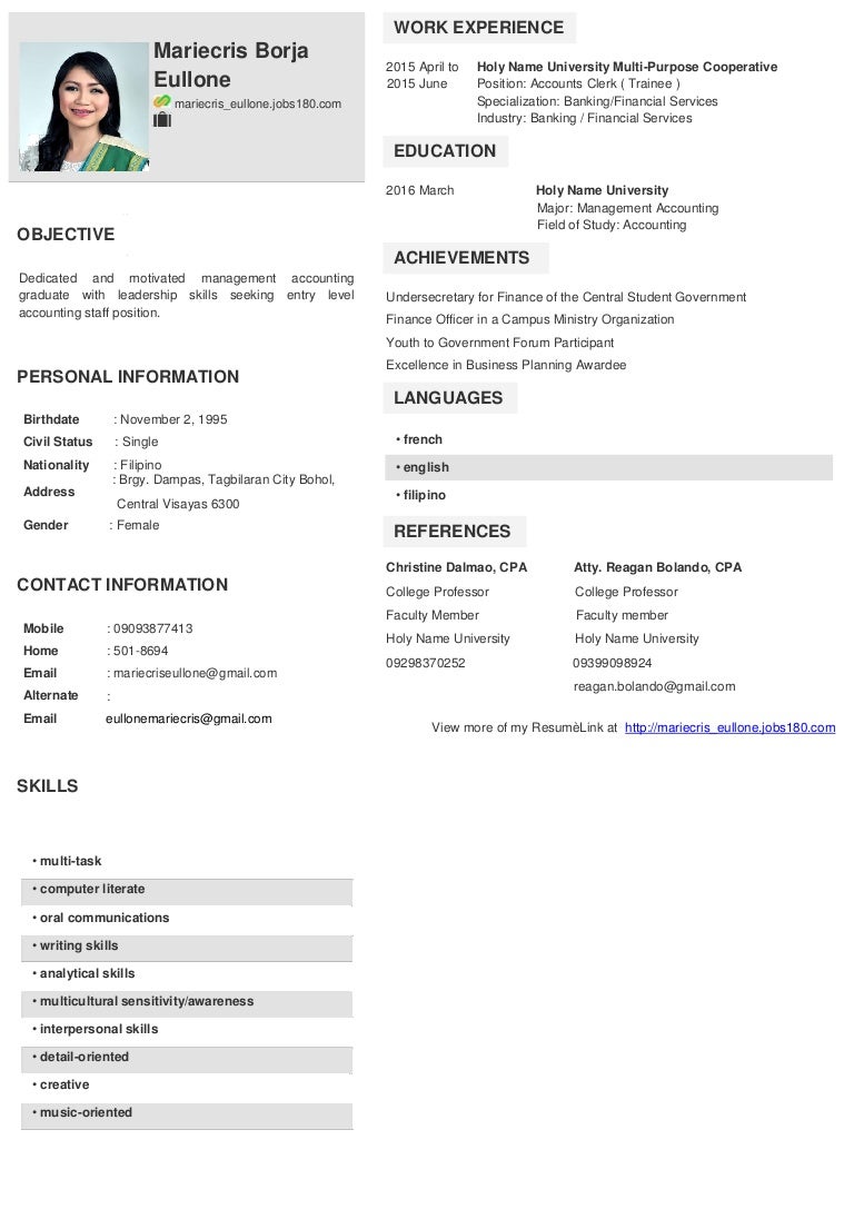 resume Jobs180 Resume mariecris eullone resume