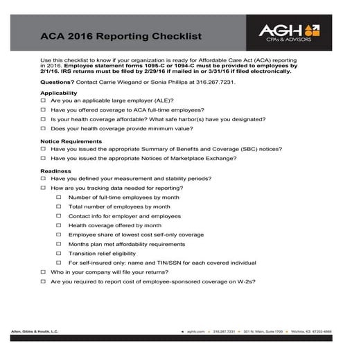 ACA 2016 Reporting Checklist