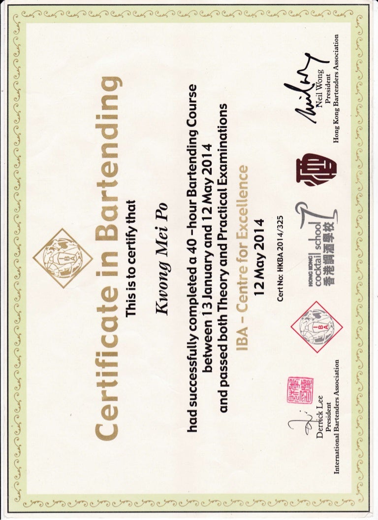 International Bartender License and Management Diploma (IBA)