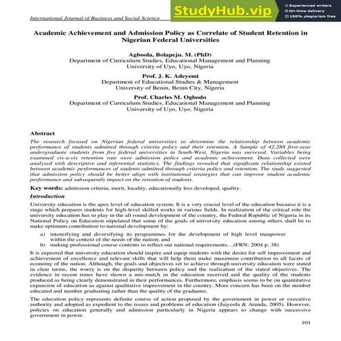 Academic Achievement And Admission Policy As Correlate Of Student Retention I...