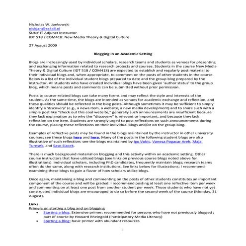 Academic Blogging  Idt518 Com418  Jankow