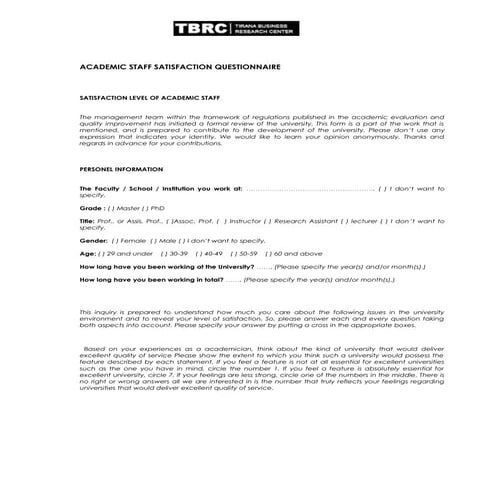 Academic staff satisfaction questionnaire