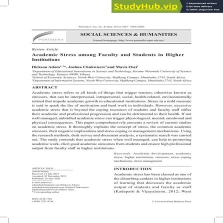 Academic Stress Among Faculty And Students In Higher Institutions | PDF