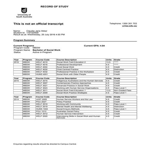 Academic transcript 2016