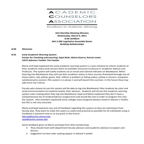 ACA Meeting Minutes March 2011