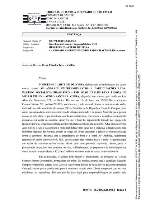 PSB não indenizará vizinha do lugar onde caiu avião de Eduardo Campos