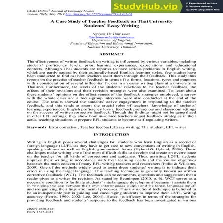 A Case Study Of Teacher Feedback On Thai University Students  Essay Writing