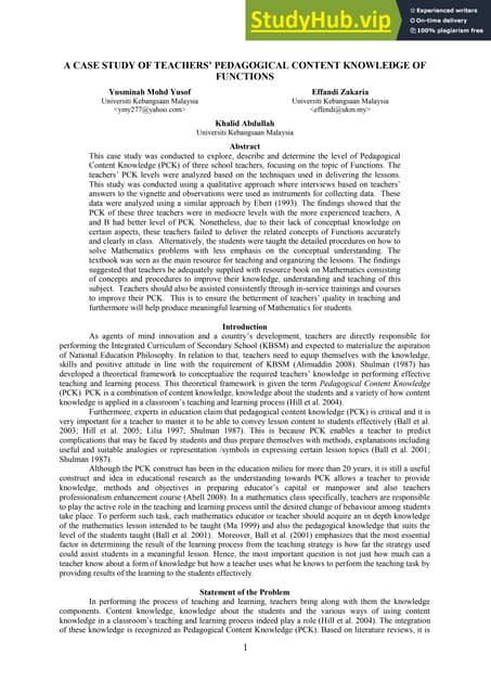 A Case Study Of Teachers Pedagogical Content Knowledge Of Functions
