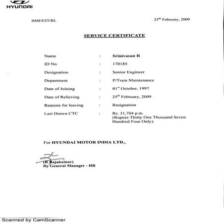 Hyundai service certificate