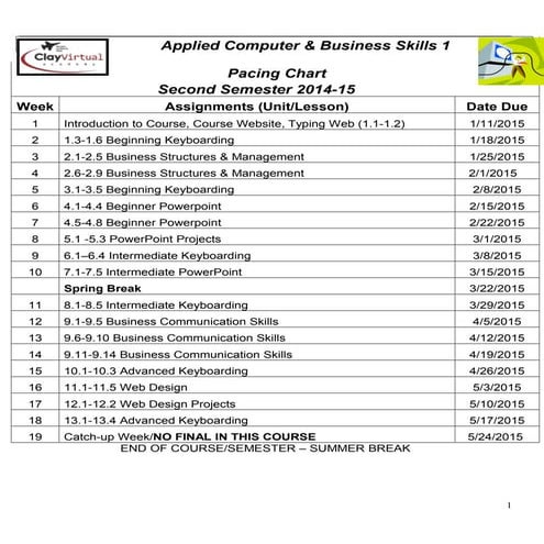 Acbsi pacing chart   2nd semester -14-15