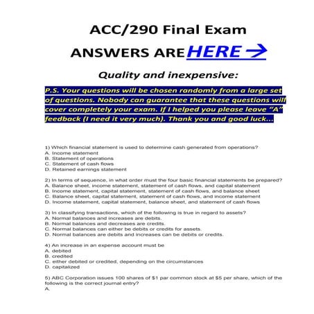 Acc 290 final exam mcq`s correct answers 100%