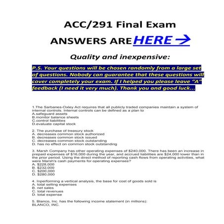 Acc 291 final exam mcq`s correct answers 100%