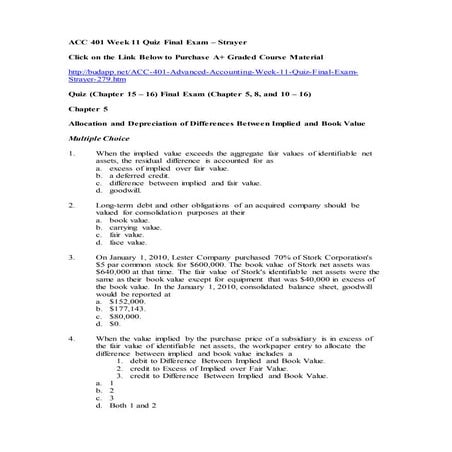 Acc 401 advanced accounting week 11 quiz – final exam