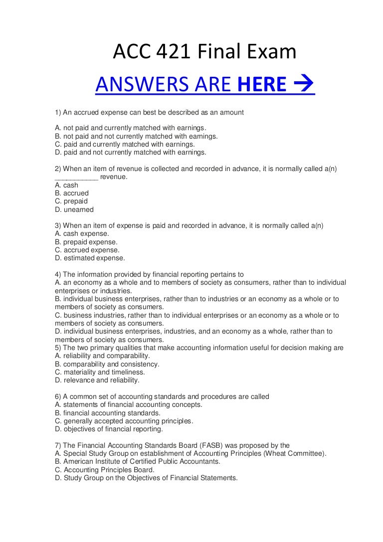 ACC 421 ACC421 Final EXAM MCQ`s Correct Answers 100