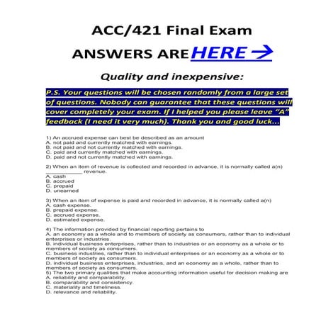 Acc 421 final exam mcq`s correct answers 100%