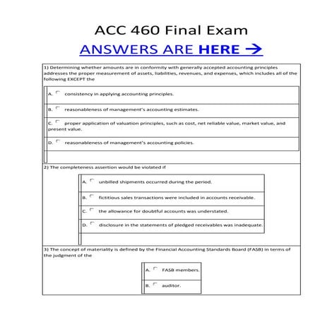 ACC 460 ACC/460 Final EXAM MCQ\s Correct Answers 100%