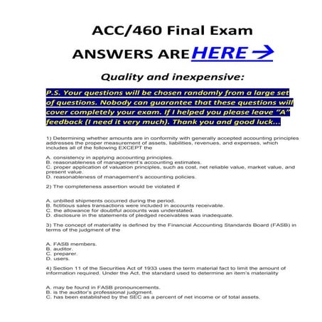 Acc 460 final exam mcq`s correct answers 100%