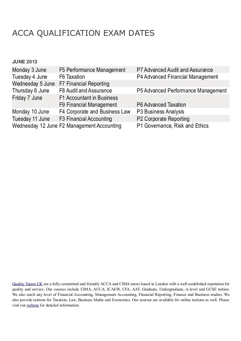 Acca june 2013 exam dates