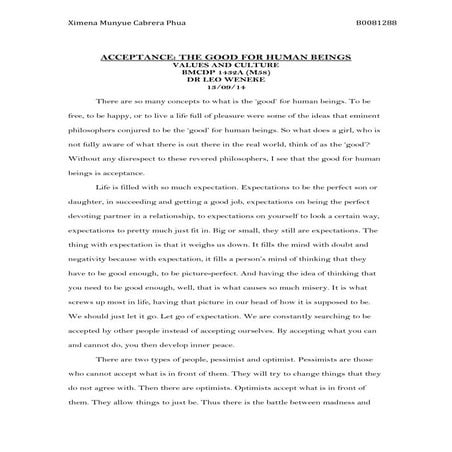 Acceptance THE GOOD FOR HUMAN BEINGS VALUES AND CULTURE