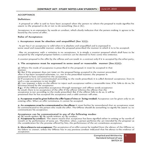 Acceptance contract act Ba-LLB short notes