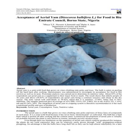 Acceptance of aerial yam (dioscorea bulbifera l.) for food in biu emirate cou...