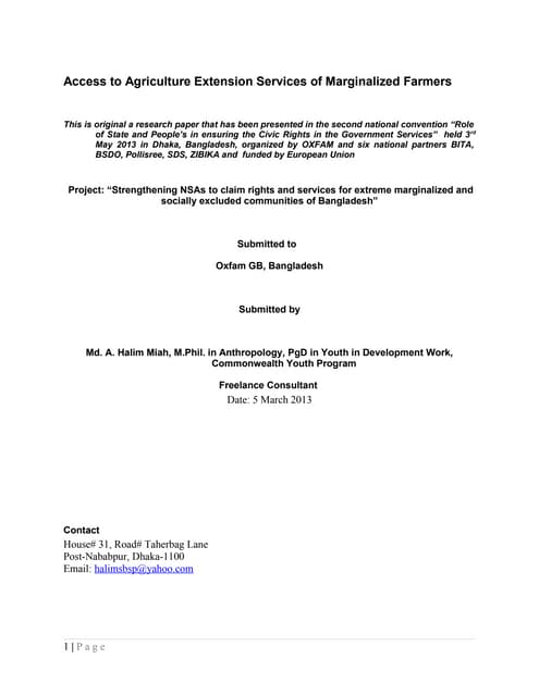 Access to agricultural extension services of marginalized farmers