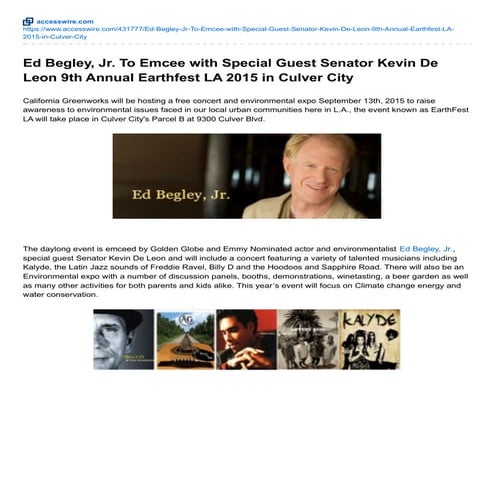 ed begley jr to emcee with special guest senator kevin de leon 9th annual earthfest la 2015 in culver