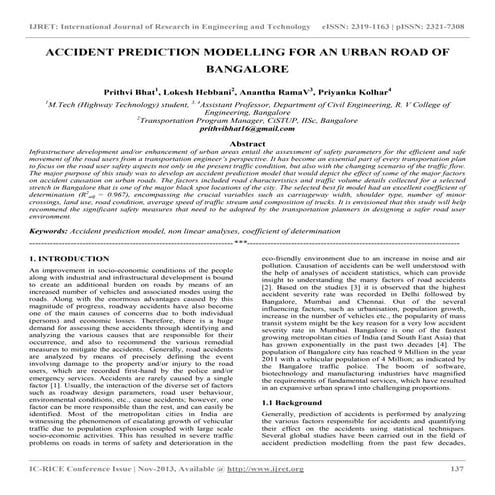 Accident prediction modelling for an urban road of bangalore