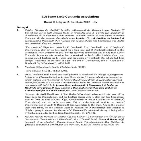 Accompanying Handout for Lebor na hUidre: Some Early Connacht Associations - An tOll. Ruairí Ó hUiginn, MRIA, School of Celtic Studies, NUI Maynooth
