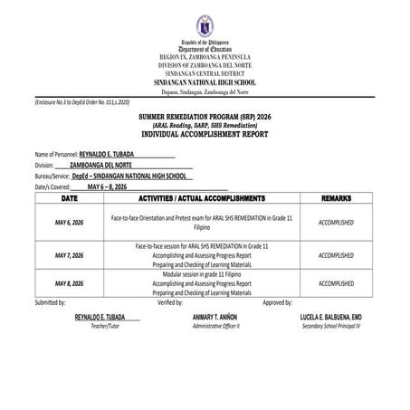 Comprehensive Summer Remediation Program Report for Grade 11 Filipino ...