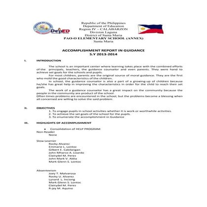 Accomplishment report in guidance