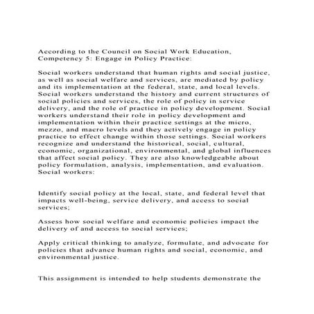 According to the Council on Social Work Education, Competency 5.docx