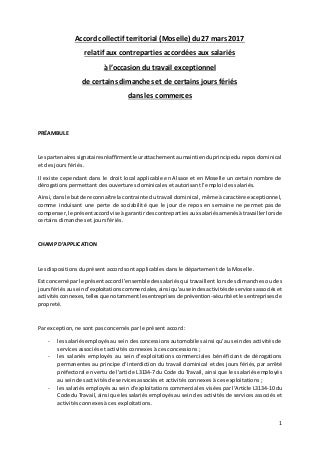 Accord interprofessionnel relatif au travail du dimanche et des jours fériés dans les commerces de Moselle