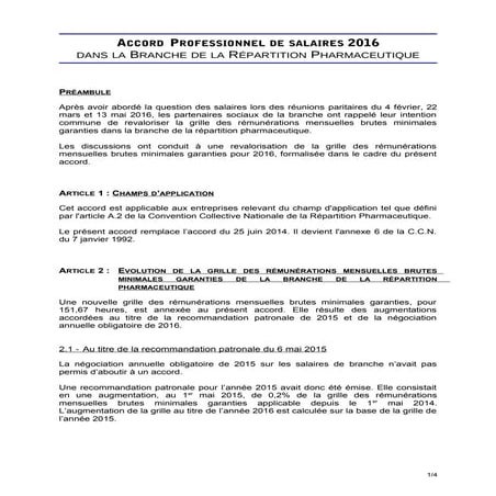 IDCC 1621 Accord salaires 2016