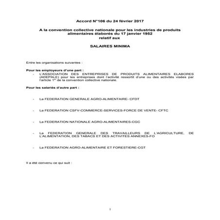 IDCC 1396 Accord sur les salaires dans la CCN des industries de produits alim...