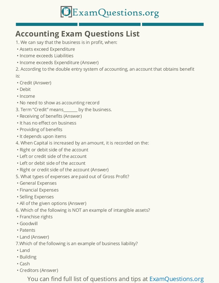 Accounting Exam Questions List