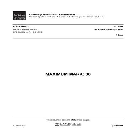 Accounting 970601 paper 1 multiple choice for examination from 2016 specimen mark scheme