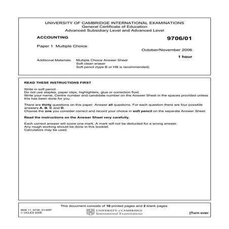 Accounting 970601 paper 1 multiple choice october november 2006 