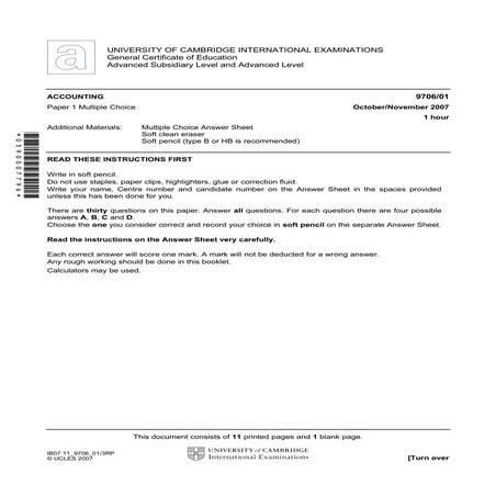 Accounting 970601 paper 1 multiple choice october november 2007 