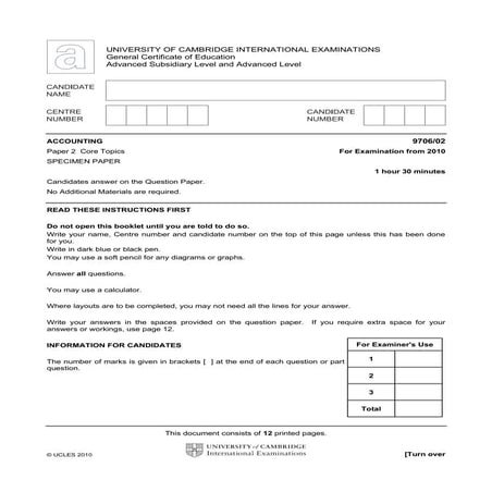 Accounting 970602 paper 2 core topics for examination from 2010 specimen paper